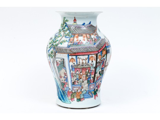 Chinese Famille Rose Enameled Porcelain Baluster Vase, Procession Motif