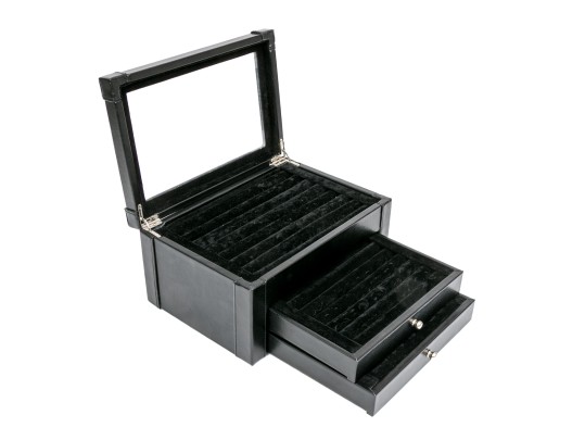 Striking Black Leather And Velour Jewelry Chest For Cufflinks, Rings Or Earrings