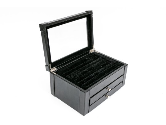 Striking Black Leather And Velour Jewelry Chest For Cufflinks, Rings Or Earrings