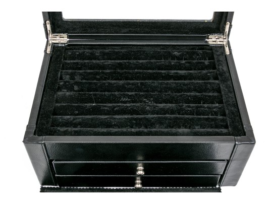 Striking Black Leather And Velour Jewelry Chest For Cufflinks, Rings Or Earrings