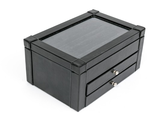 Striking Black Leather And Velour Jewelry Chest For Cufflinks, Rings Or Earrings