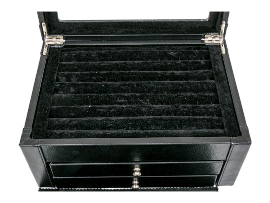 Striking Black Leather And Velour Jewelry Chest For Cufflinks, Rings Or Earrings