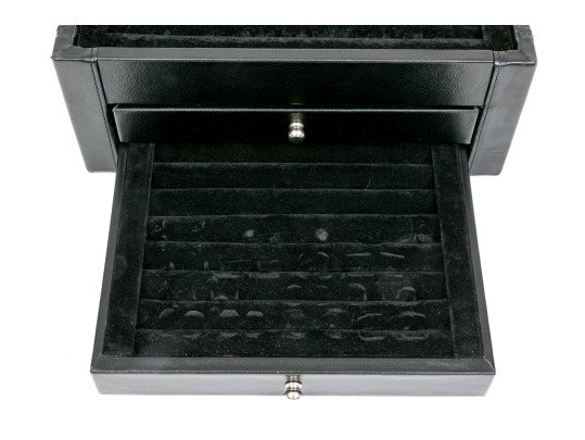 Striking Black Leather And Velour Jewelry Chest For Cufflinks, Rings Or Earrings