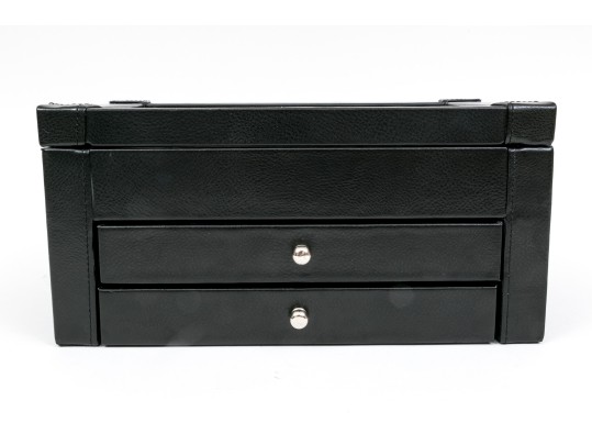 Striking Black Leather And Velour Jewelry Chest For Cufflinks, Rings Or Earrings
