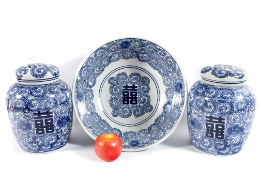 Contemporary Willow-Ware Style Double Happiness Ginger Jars & Large Bowl
