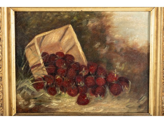 Antique Oil On Canvas Strawberry Still Life Painting -- Unsigned 