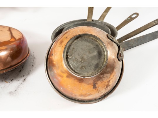 Vintage Copper Pan Set With Overhead Pan Hanger (Hooks Included)