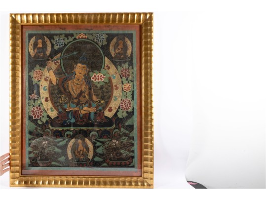 Tibetan Thankga Textile Painting Of Manjusri 
