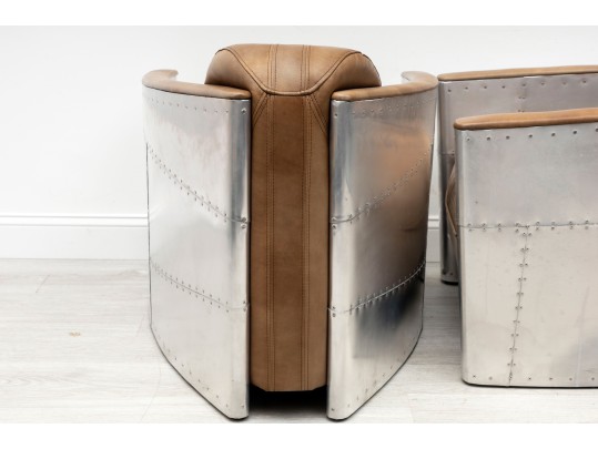 Pair Of Contemporary Restoration Hardware Leather And Metal Club Chairs
