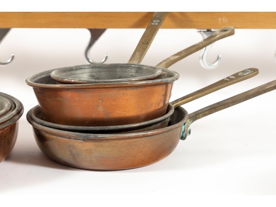 Vintage Copper Pan Set With Overhead Pan Hanger (Hooks Included)