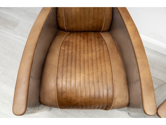 Pair Of Contemporary Restoration Hardware Leather And Metal Club Chairs