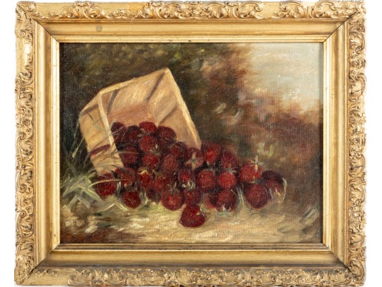 Antique Oil On Canvas Strawberry Still Life Painting -- Unsigned 
