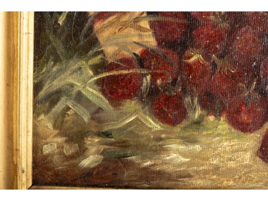 Antique Oil On Canvas Strawberry Still Life Painting -- Unsigned 