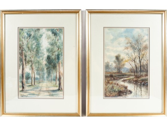 Pair Of Signed Forest Landscape Watercolor Paintings