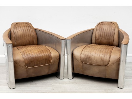 Pair Of Contemporary Restoration Hardware Leather And Metal Club Chairs