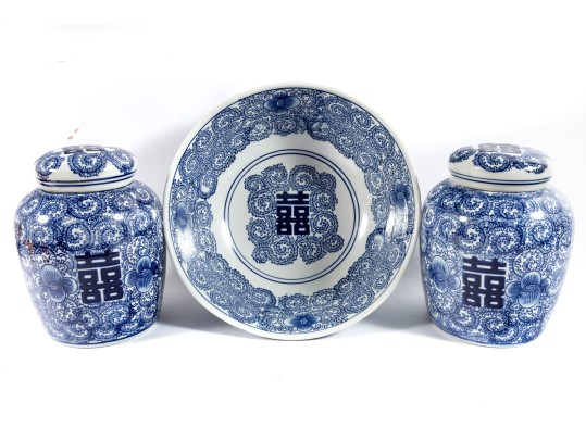 Contemporary Willow-Ware Style Double Happiness Ginger Jars & Large Bowl