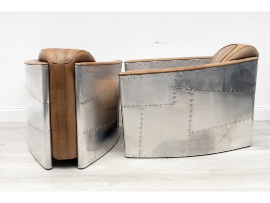 Pair Of Contemporary Restoration Hardware Leather And Metal Club Chairs