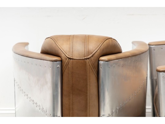 Pair Of Contemporary Restoration Hardware Leather And Metal Club Chairs