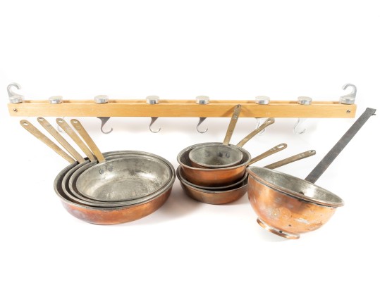 Vintage Copper Pan Set With Overhead Pan Hanger (Hooks Included)
