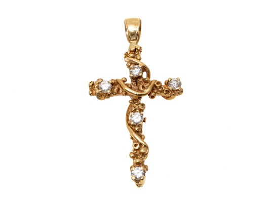 14K Diamond Set Vine And Leaf Wrapped Cross Pendant