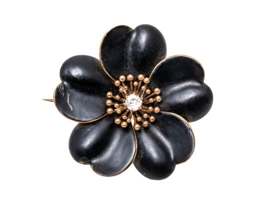 18k Yellow Gold Beautiful Antique Black Enamel Flower Brooch, Diamond Center
