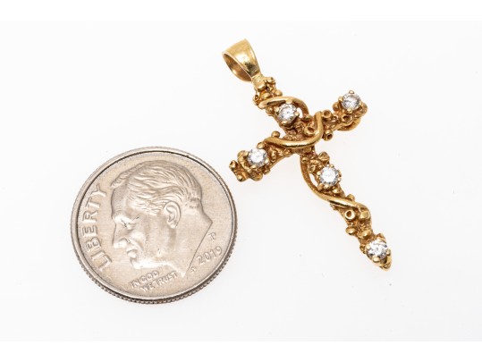 14K Diamond Set Vine And Leaf Wrapped Cross Pendant