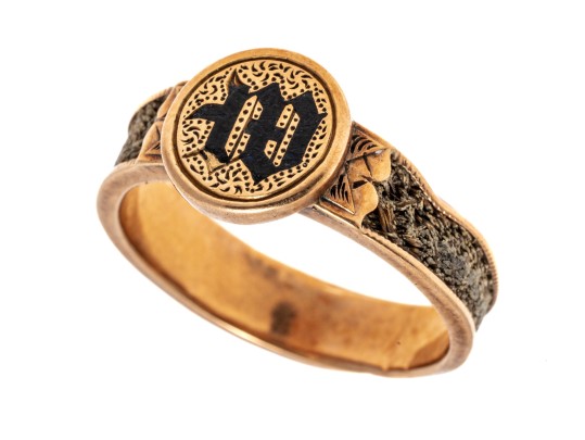 9k Gold Striking Antique Mourners Ring, With Braided Hair Inlaid Band, Size 6.5