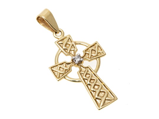 14k Yellow Gold Beautiful Celtic Cross, Diamond Set