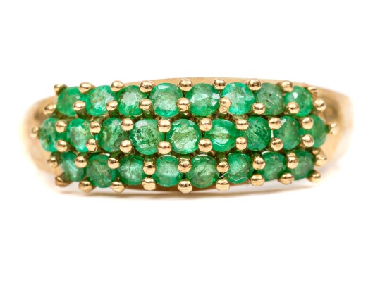14k Yellow Gold Handsome Three Row Emerald Ring, Size 9 App. 1.00 TCW