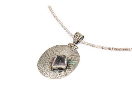 Sterling Silver Necklace With 800 Silver And Freeform Amethyst Bezel Set Pendant