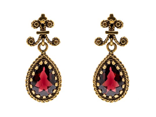 Ornate 14K And Suspended Garnet Pendant Earrings
