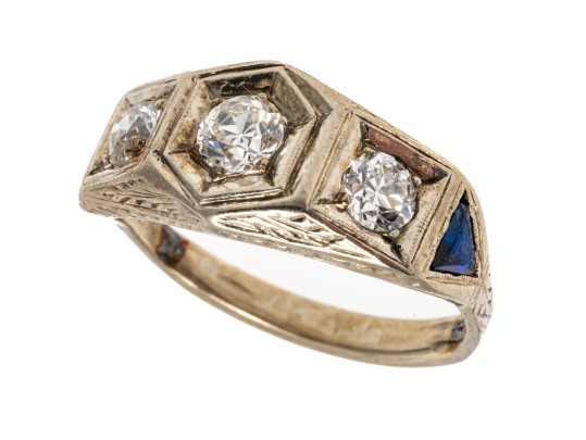 18K White Gold Antique Three Diamond Ring, Size 6