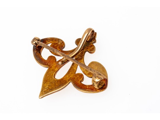 14k Gold Pretty Antique Fleuer De Lis Motif Brooch, With Watch Hook