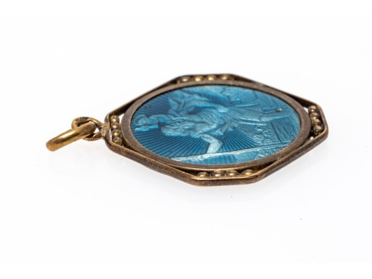 14k Yellow Gold Beautiful Blue-Grey Enamel St. Christopher Medal