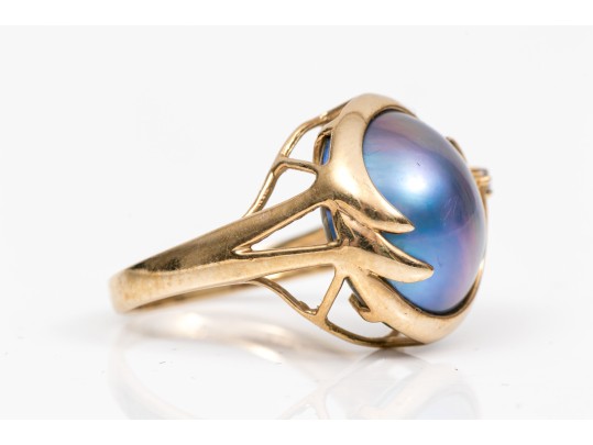 14k Yellow Gold Striking Black Cultured Mabe Pearl Ring, Size 5