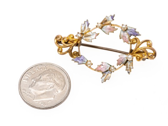 14k Yellow Gold Top Lovely Antique Art Nouveau Enamel And Seed Pearl Brooch