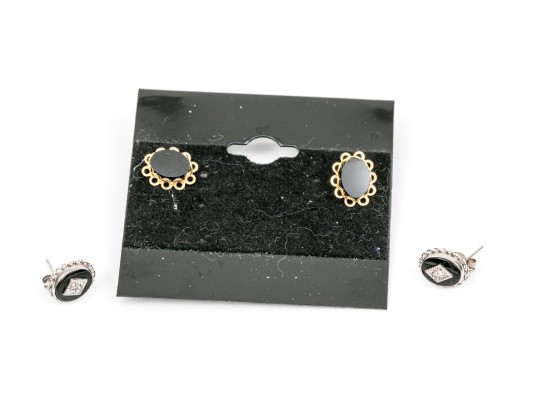 10k Yellow Gold Lot Of Two Classic Pairs Of Black Onyx Earrings 