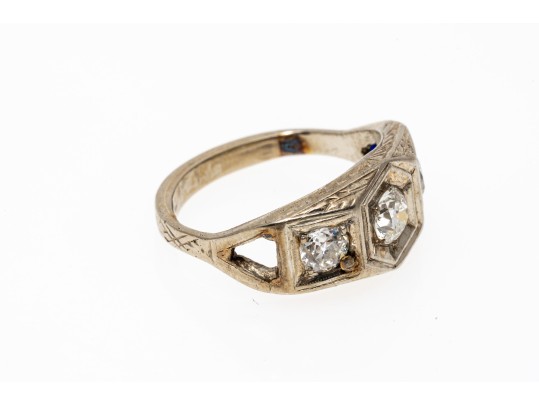 18K White Gold Antique Three Diamond Ring, Size 6