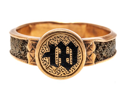 9k Gold Striking Antique Mourners Ring, With Braided Hair Inlaid Band, Size 6.5