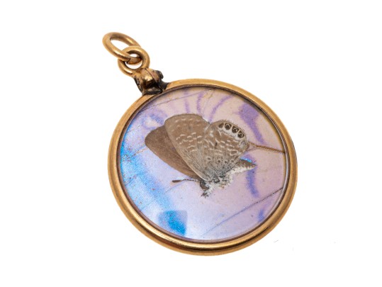 14k Yellow Gold Iridescent Recycled Butterfly Wing Pendant