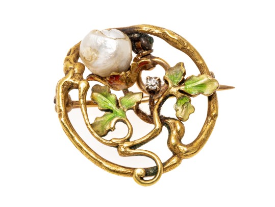 14k Yellow Gold Beautiful Antique Art Nouveau Enamel And Cultured Pearl Brooch