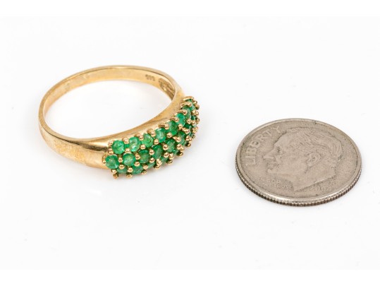 14k Yellow Gold Handsome Three Row Emerald Ring, Size 9 App. 1.00 TCW