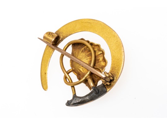 14k Gold Lovely Antique Horseshoe, Cultured Freshwater Pearl And Flower Brooch 