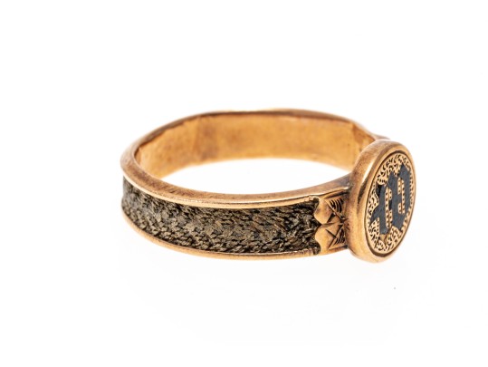 9k Gold Striking Antique Mourners Ring, With Braided Hair Inlaid Band, Size 6.5