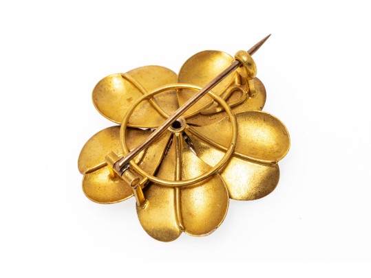 18k Yellow Gold Beautiful Antique Black Enamel Flower Brooch, Diamond Center