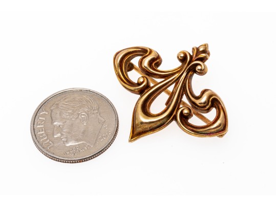 14k Gold Pretty Antique Fleuer De Lis Motif Brooch, With Watch Hook