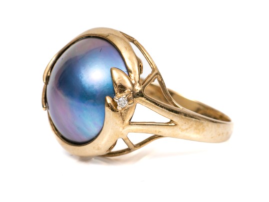 14k Yellow Gold Striking Black Cultured Mabe Pearl Ring, Size 5