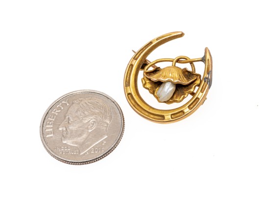 14k Gold Lovely Antique Horseshoe, Cultured Freshwater Pearl And Flower Brooch 