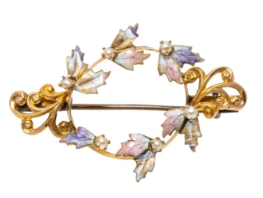 14k Yellow Gold Top Lovely Antique Art Nouveau Enamel And Seed Pearl Brooch
