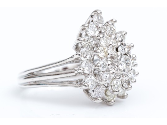 14k White Gold Beautiful Pear Profiled Diamond Cluster Ring, App. 0.76 TCW, Size 5.25
